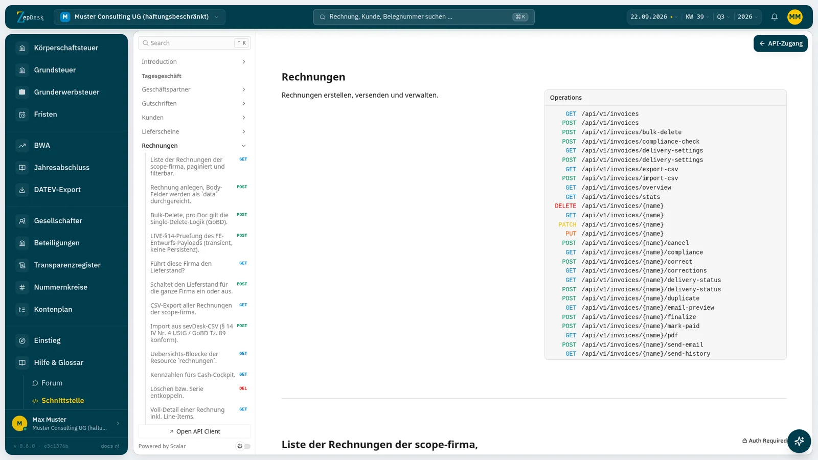 Schnittstellen-Referenz von ZepDesk mit den Routen für Rechnungen