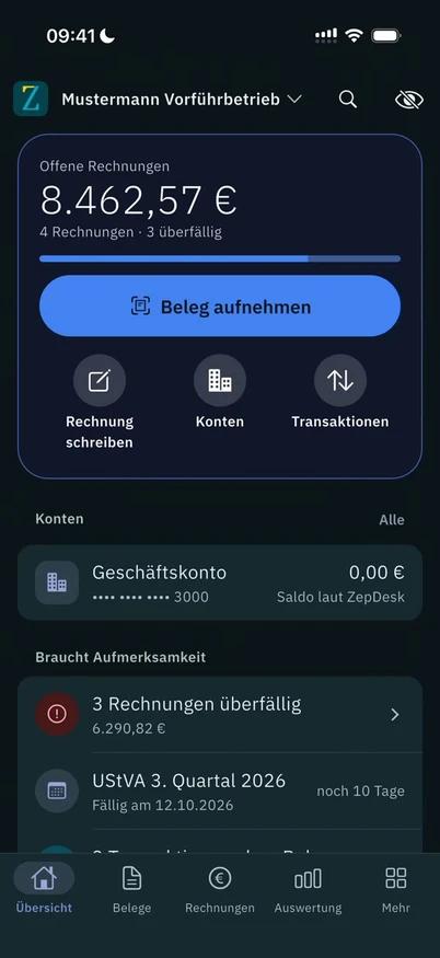 Startseite der ZepDesk-App mit offenen Rechnungen