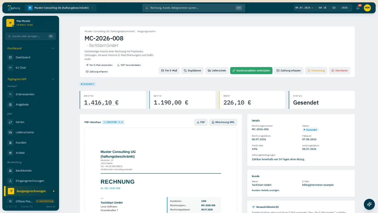 Ausgangsrechnung MC-2026-008 im Rechnungsprogramm mit Live-Vorschau des PDF