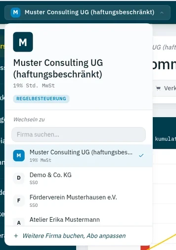 Firmenumschalter in ZepDesk: Muster Consulting UG, Demo & Co. KG, Förderverein Musterhausen e.V. und Atelier Erika Mustermann