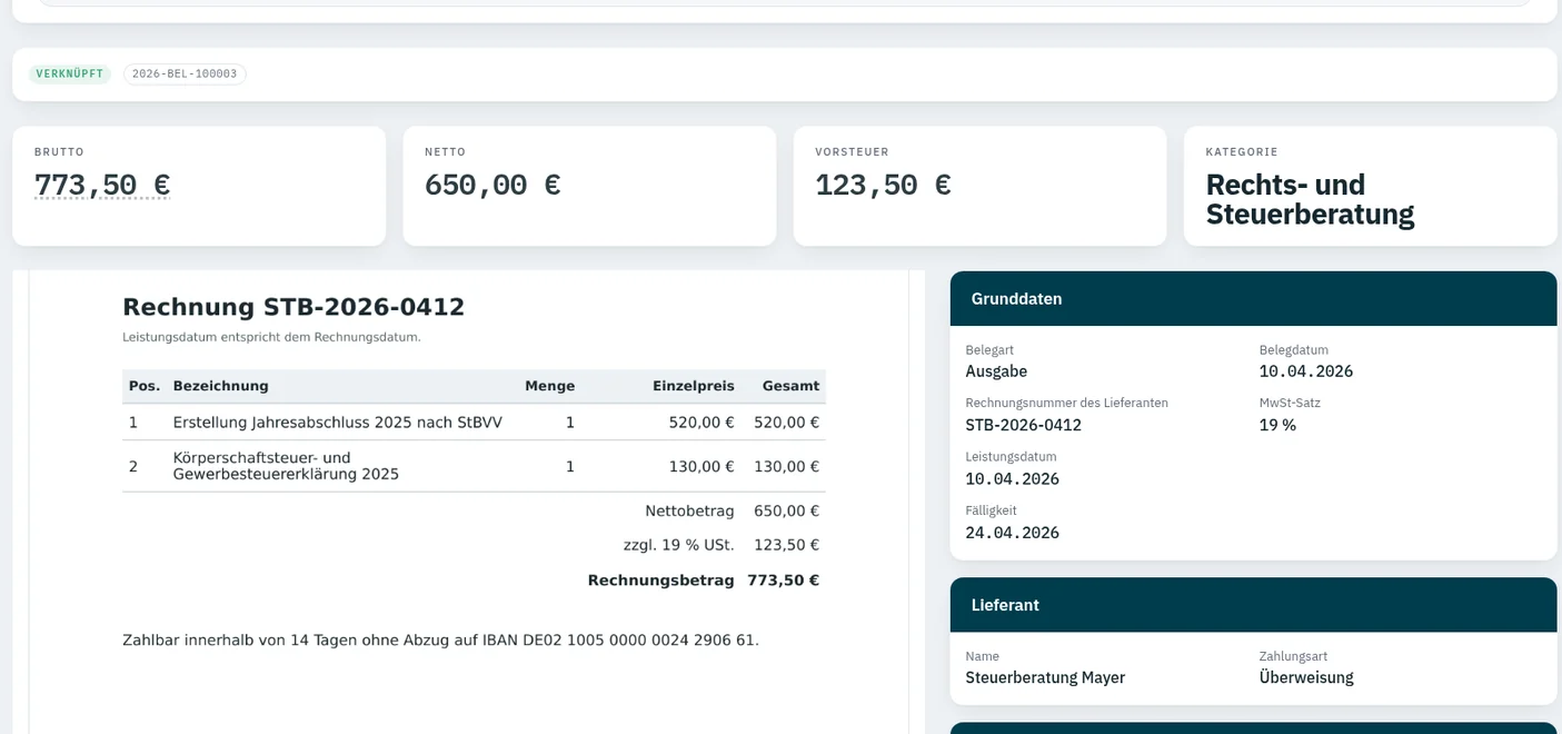 Gebuchter Beleg in ZepDesk mit Steuerkategorie, Konto und der verknüpften Banktransaktion