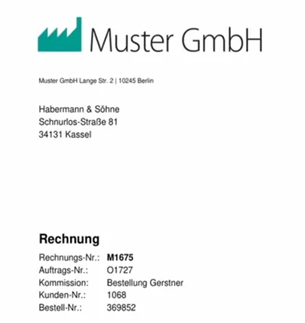 Kopf einer Eingangsrechnung der Muster GmbH an Habermann und Söhne mit Rechnungsnummer M1675, Ausschnitt aus der Demo-Aufnahme