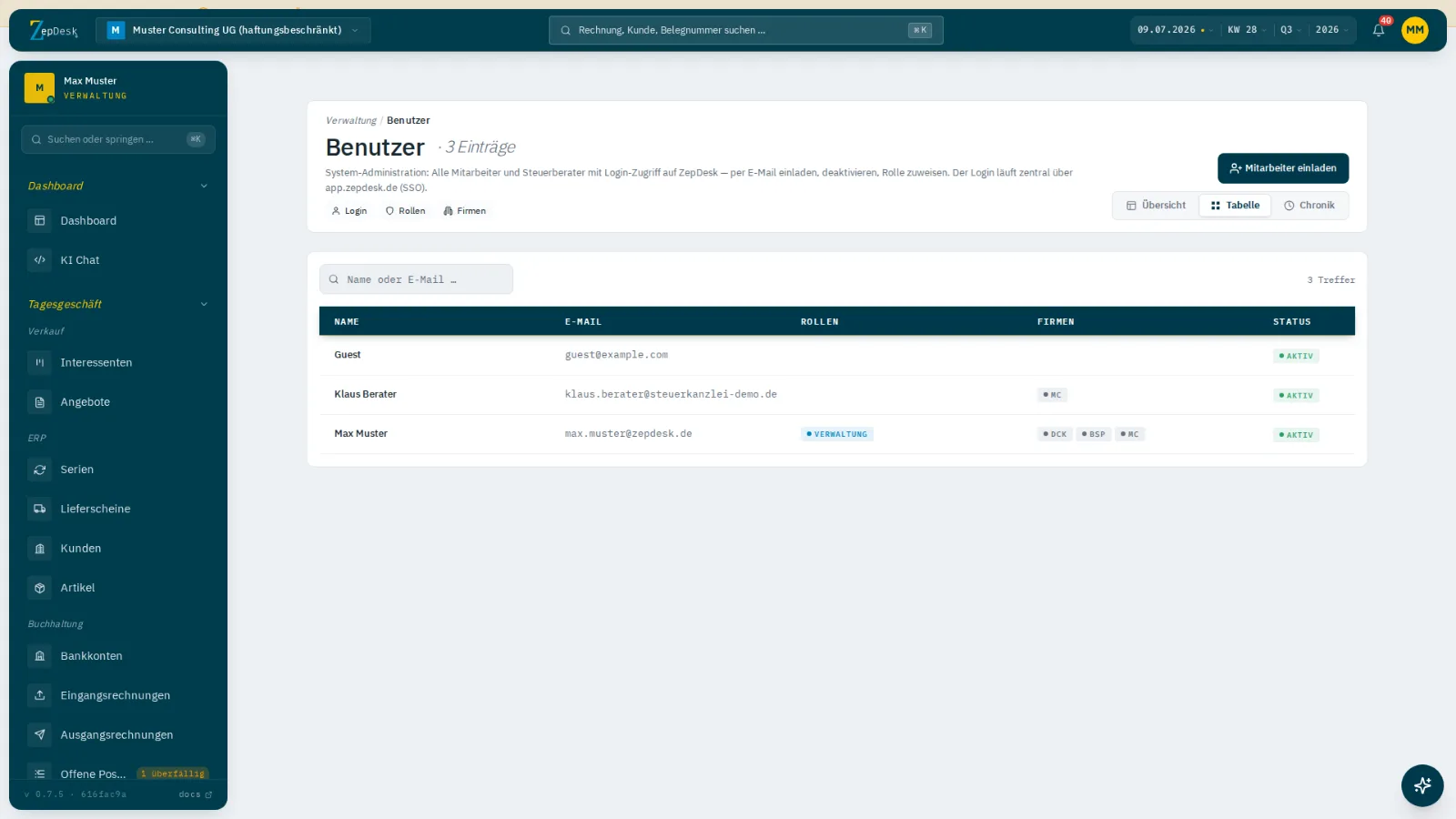 Benutzerverwaltung mit Steuerberater-Rolle in ZepDesk