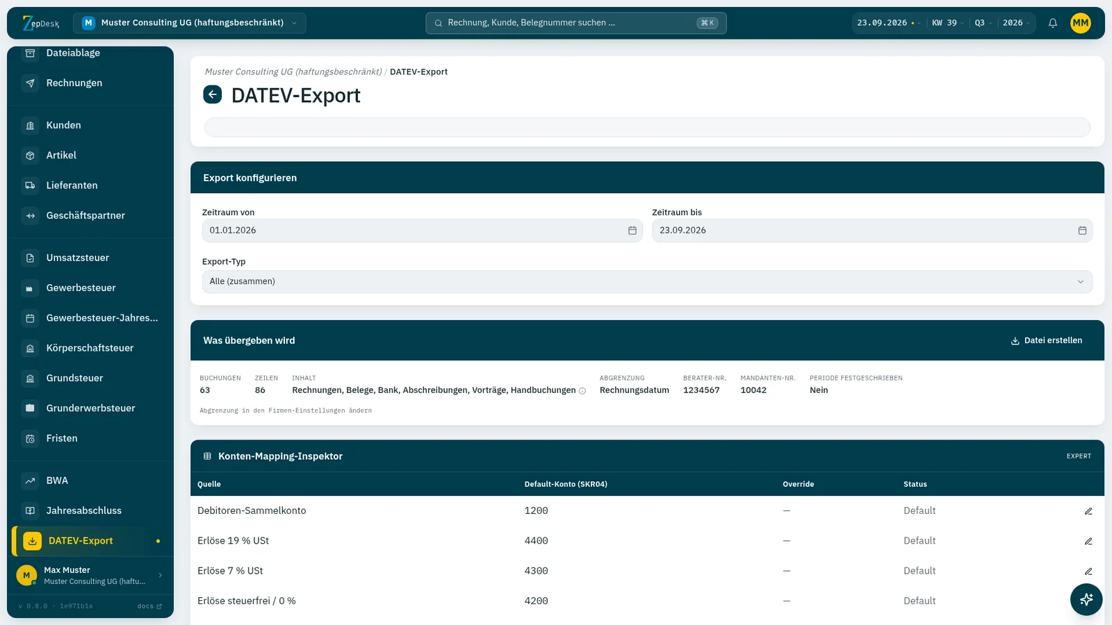 DATEV-Export in ZepDesk: Zeitraum wählen, Export-Typ wechseln und die Übergabe prüfen