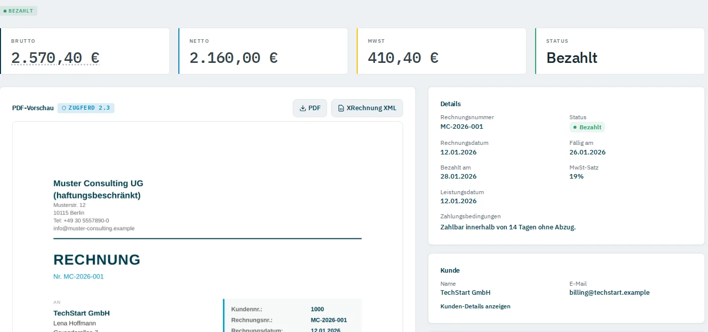 E-Rechnung mit XRechnung-Format und Versandstatus in ZepDesk