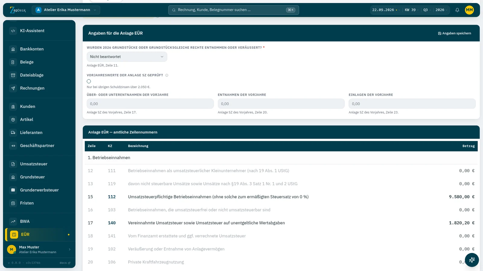 Anlage EÜR in ZepDesk mit den amtlichen Zeilennummern