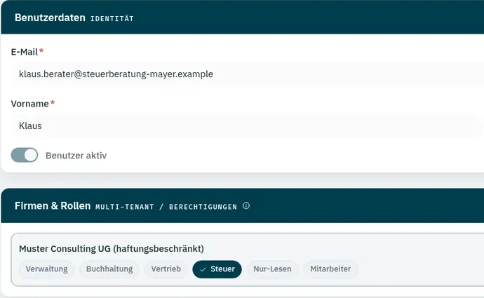 Benutzer Klaus Berater in ZepDesk: Firmen und Rollen der Muster Consulting UG mit den Rollen Verwaltung, Buchhaltung, Vertrieb, Steuer, Nur-Lesen und Mitarbeiter, ausgewählt ist Steuer