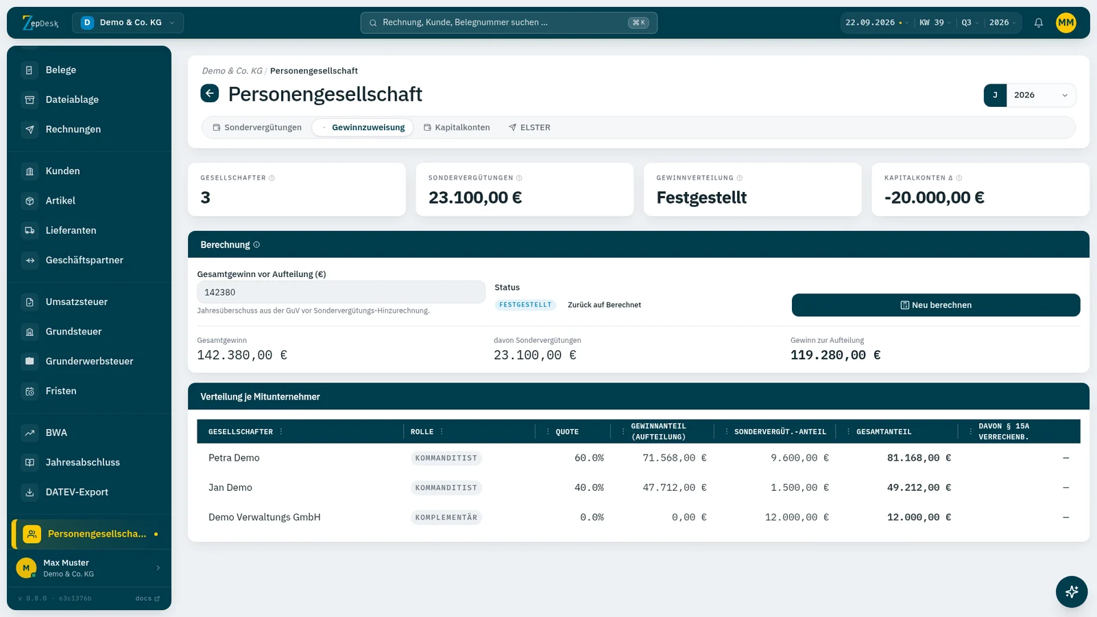 Gewinnverteilung einer KG auf die Gesellschafter in ZepDesk