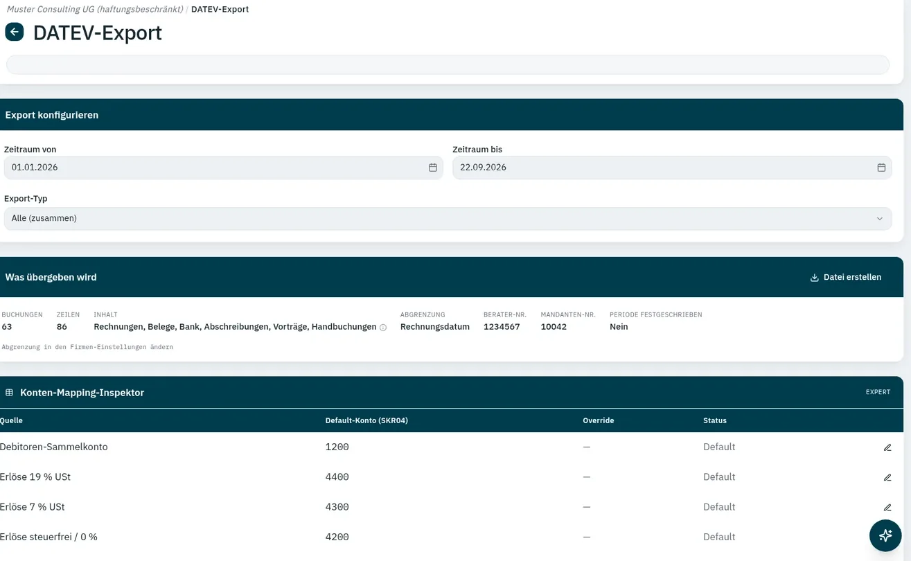 DATEV-Export in ZepDesk: Zeitraum, Export-Typ, Übersicht der übergebenen Buchungen und der Konten-Mapping-Inspektor