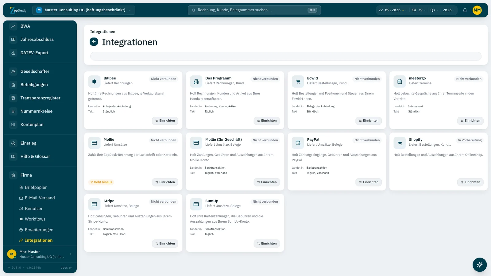 Seite Integrationen in ZepDesk mit Karten für Billbee, Das Programm, Ecwid, meetergo, Mollie, PayPal, Shopify in Vorbereitung, Stripe und SumUp, je mit dem, was sie holen und wo es landet