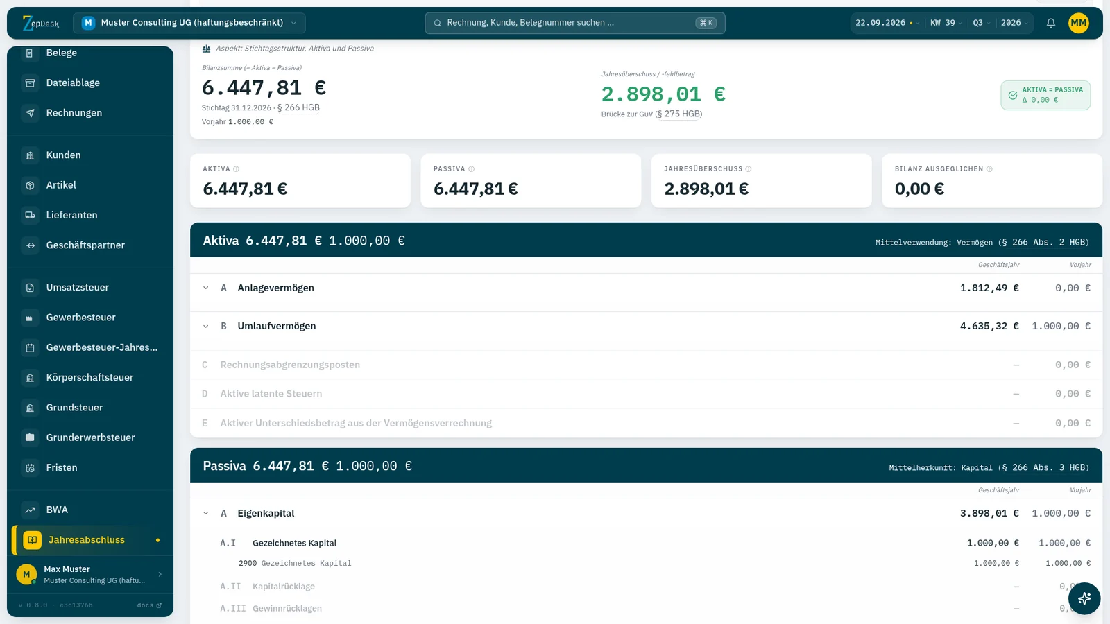 Bilanz einer UG mit Aktiva und Passiva in ZepDesk