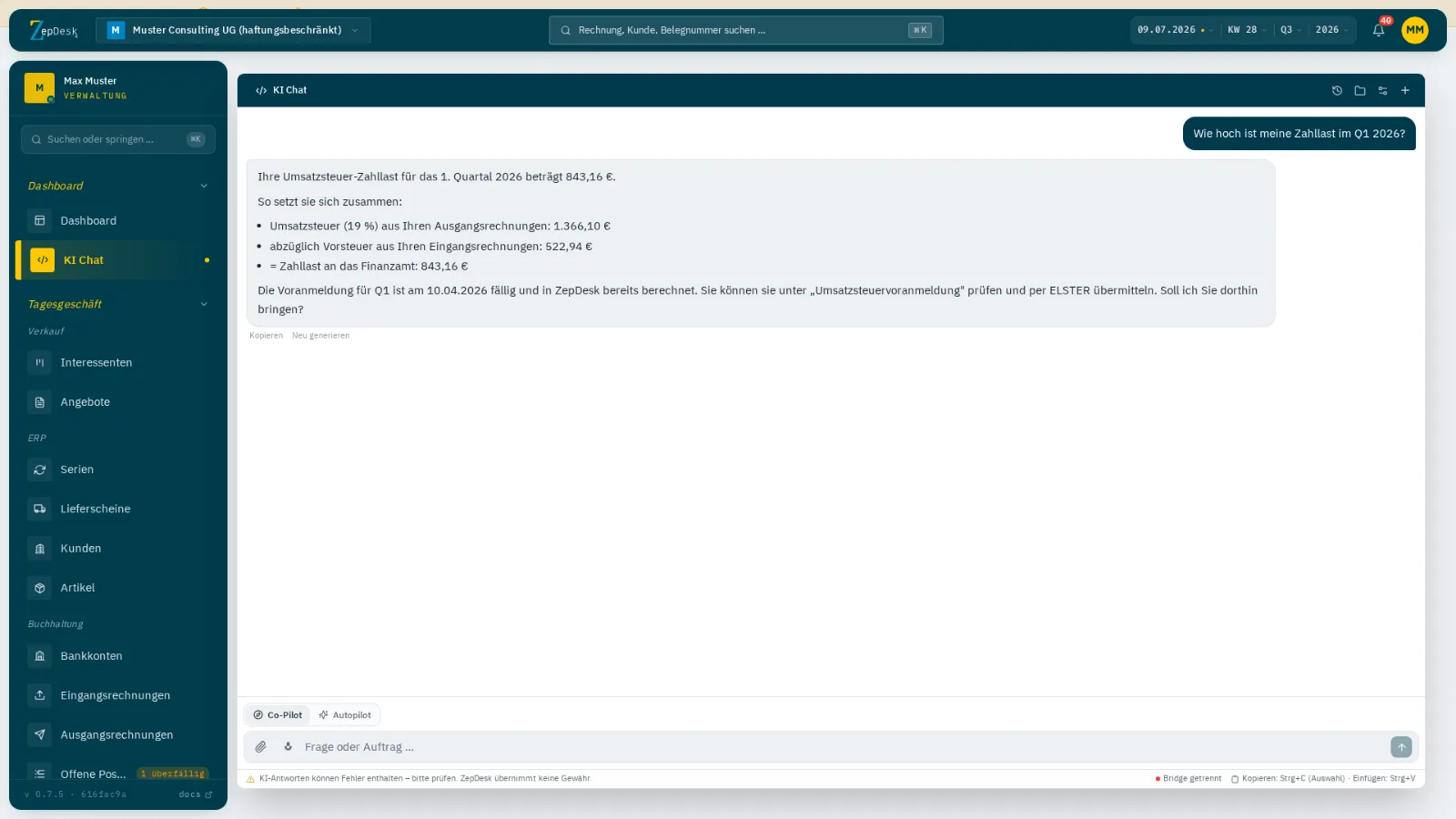 KI-Chat in ZepDesk mit einer Frage zur Umsatzsteuer-Zahllast
