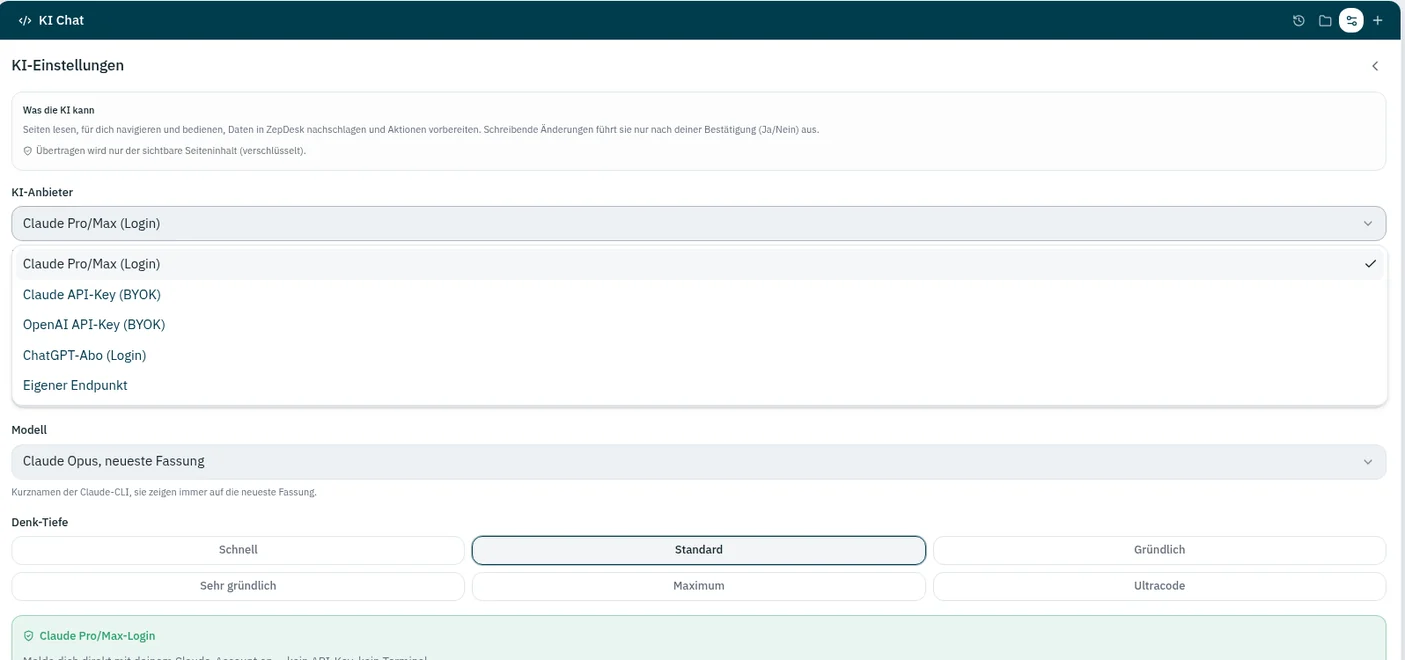 KI-Einstellungen in ZepDesk: Auswahl des KI-Anbieters, etwa Claude per Anmeldung oder mit eigenem API-Schlüssel, OpenAI mit eigenem Schlüssel oder ein eigener Endpunkt