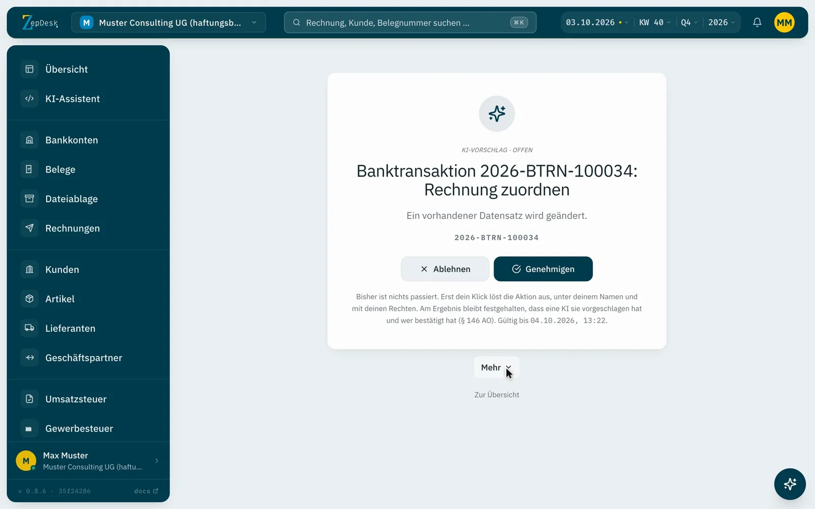 KI-Vorschlag in ZepDesk: die Zahlung von TechStart soll der Rechnung MC-2026-008 zugeordnet werden. Details zeigen Claude als Absender und die Begründung, dann genehmigt ein Mensch.