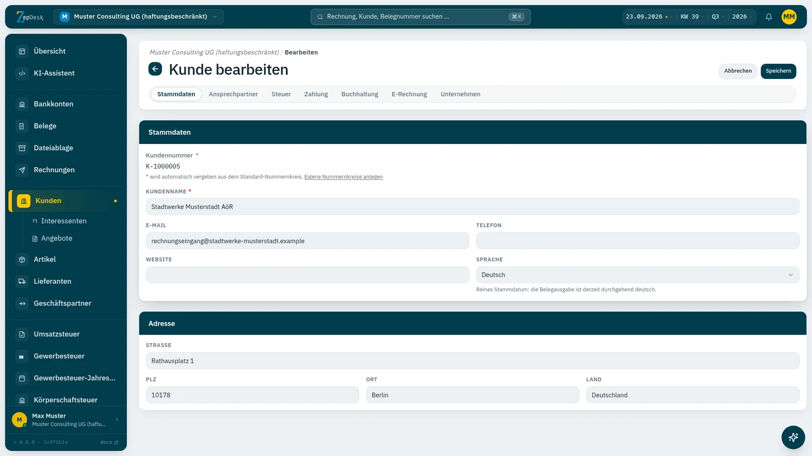 Kundenstammdaten in ZepDesk: Leitweg-ID und Format XRechnung beim öffentlichen Auftraggeber eintragen und speichern