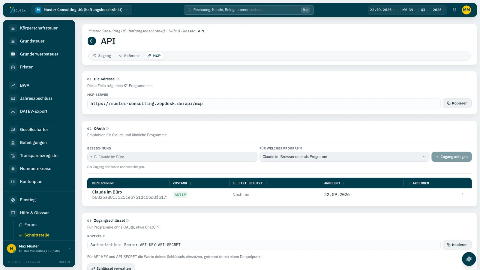 Ansicht MCP in ZepDesk: Adresse des MCP-Servers zum Kopieren, OAuth-Zugang „Claude im Büro“ mit Zustand aktiv und darunter der Zugangsschlüssel für Programme ohne OAuth