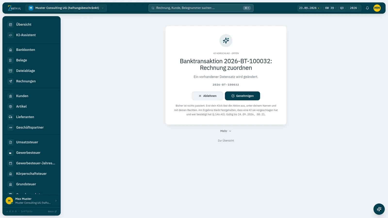 Vorschlag der KI in ZepDesk: Banktransaktion einer Rechnung zuordnen, mit den Knöpfen Ablehnen und Genehmigen und dem Hinweis, dass erst der Klick die Aktion auslöst