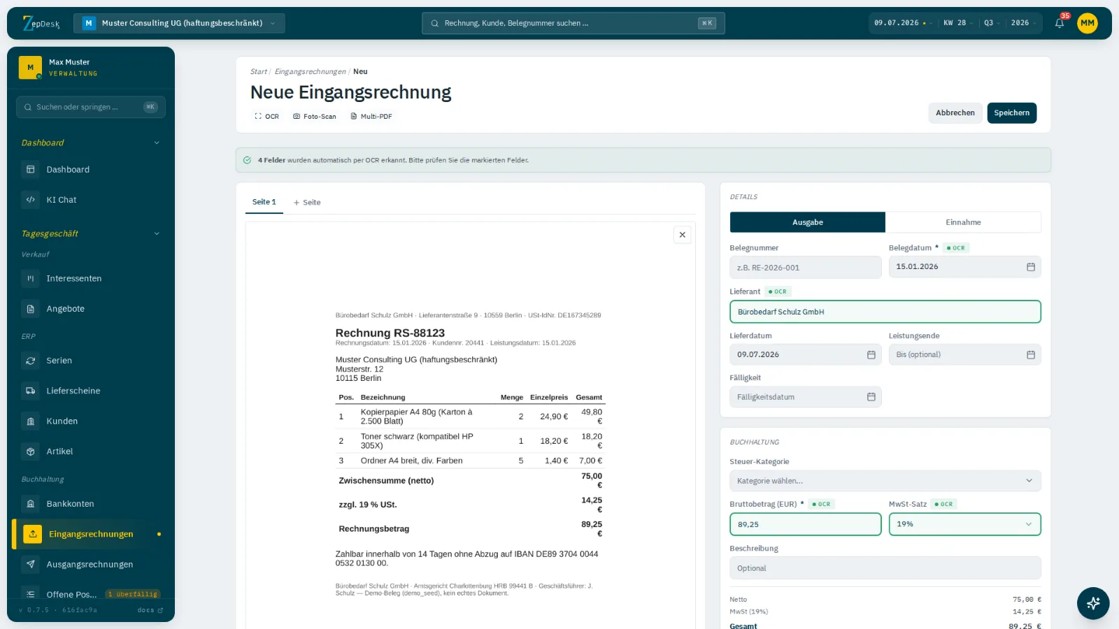 Eingangsrechnung mit ausgelesenen Feldern in ZepDesk