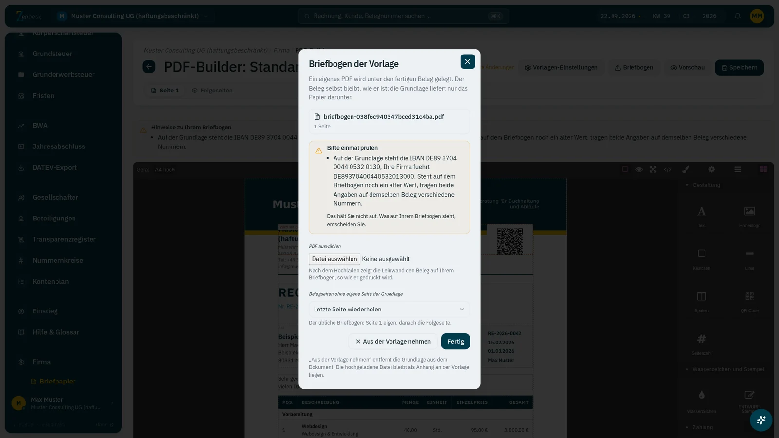 Dialog zum Hochladen des Briefbogens im PDF-Builder und daneben die fertige Rechnung mit unterlegtem Briefbogen