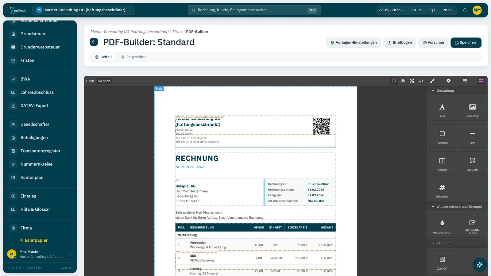 PDF-Builder in ZepDesk: Leinwand mit einer Rechnung aus Bausteinen, links die Bausteine, darüber die Meldung zu einer fehlenden Pflichtangabe
