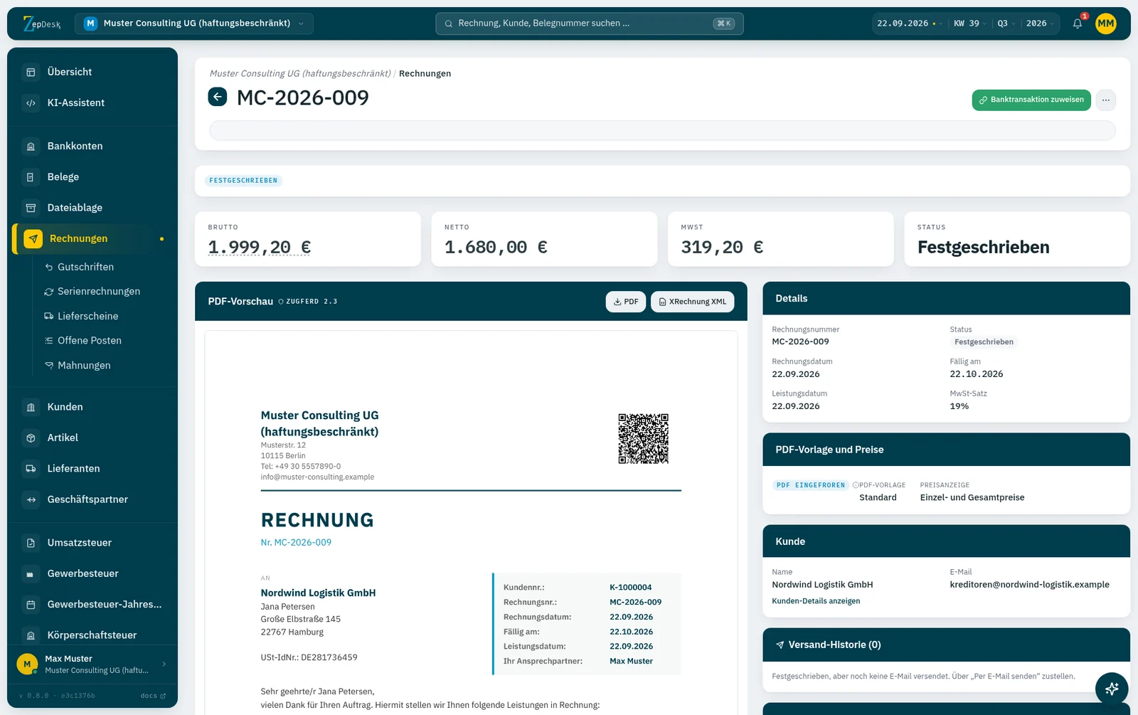 Festgeschriebene Rechnung in ZepDesk mit Bruttobetrag, Netto, Umsatzsteuer, PDF-Vorschau mit ZUGFeRD 2.3 und einem Knopf für die XRechnung