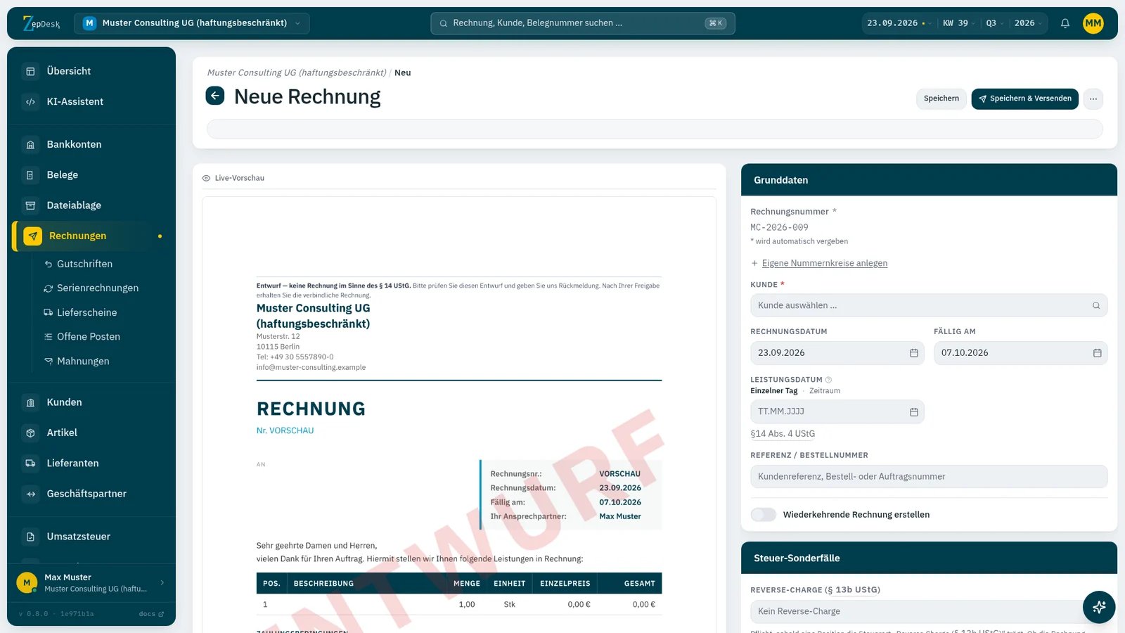 Neue Rechnung in ZepDesk mit Live-Vorschau und dem Schalter für eine wiederkehrende Rechnung