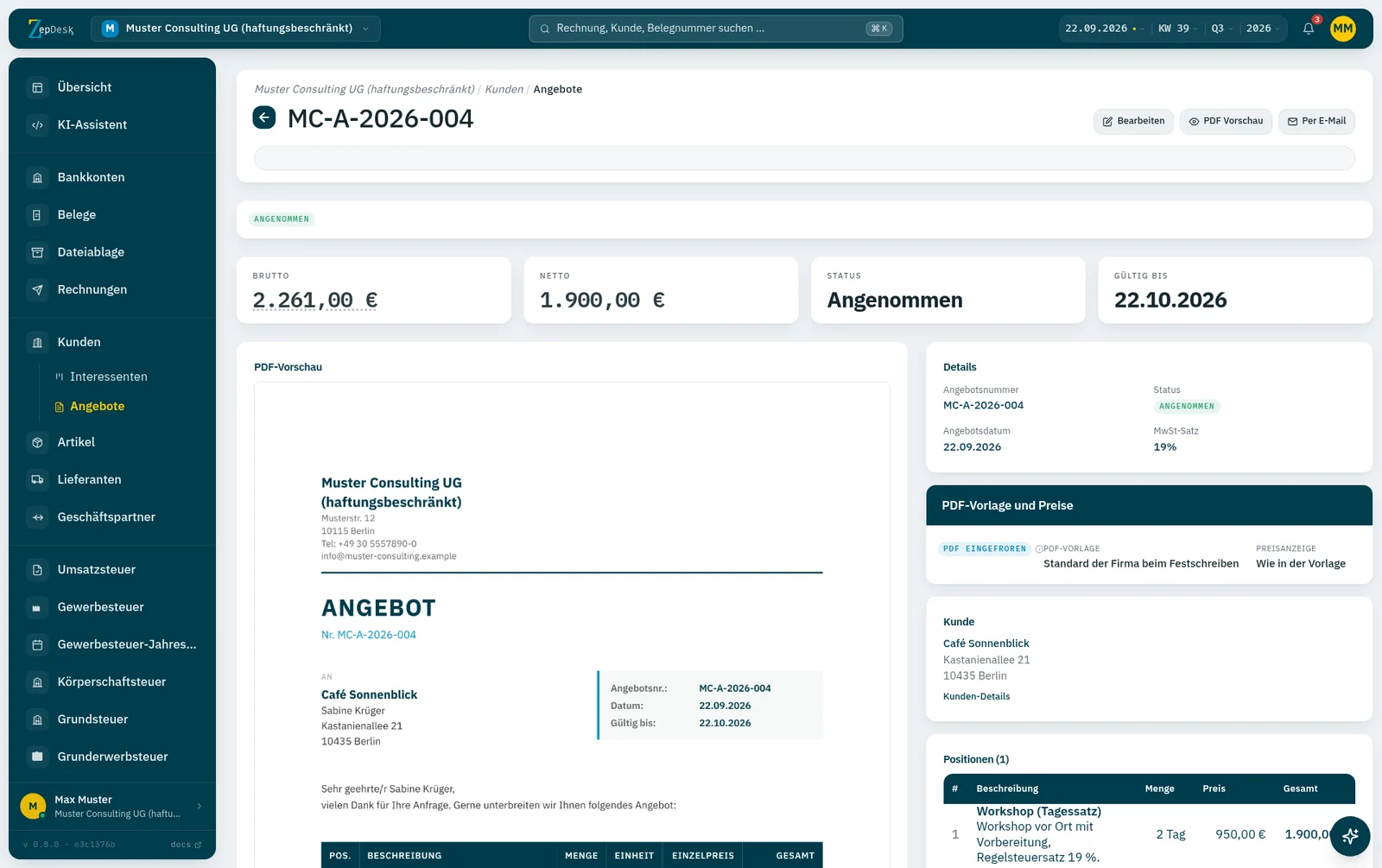 Angebot und Rechnung in ZepDesk: ein neues Angebot mit Kunde und Position anlegen, dann wird aus dem Angebot MC-A-2026-004 mit „In Rechnung umwandeln“ die Rechnung MC-2026-009, die festgeschrieben wird