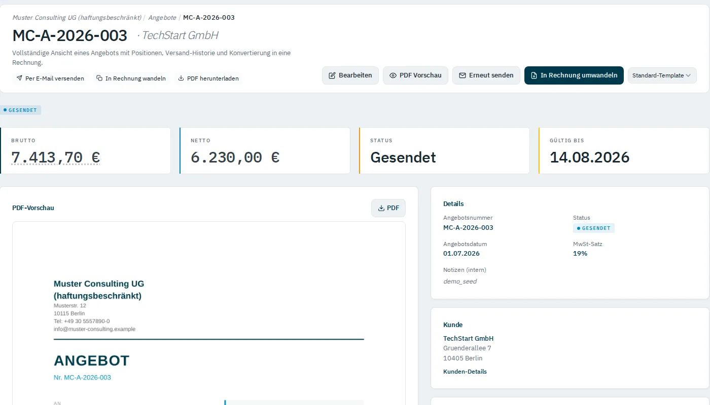 Angebot in ZepDesk mit Positionen, Steuersätzen und Live-Vorschau