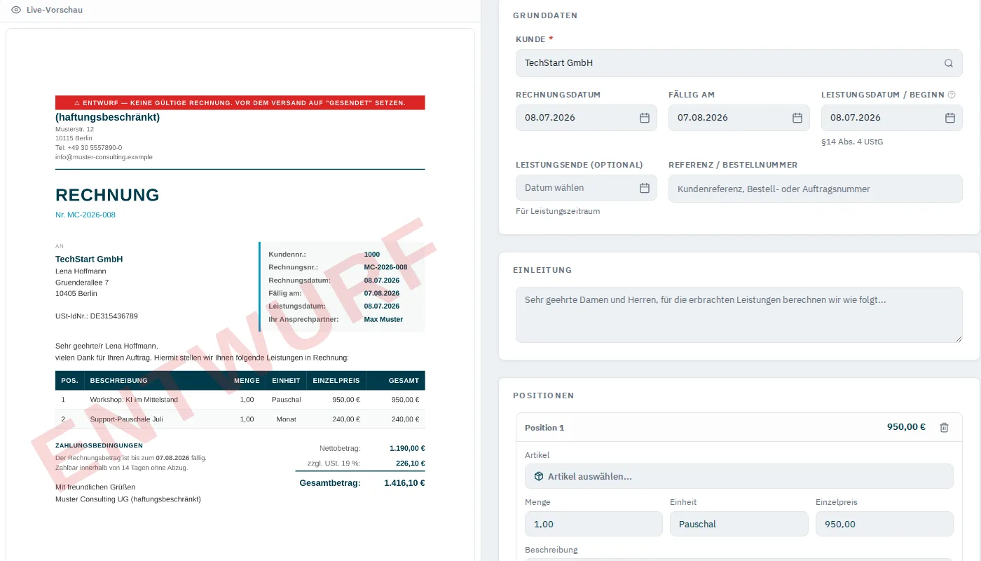 Rechnung mit Positionen und Zahlungsziel in ZepDesk