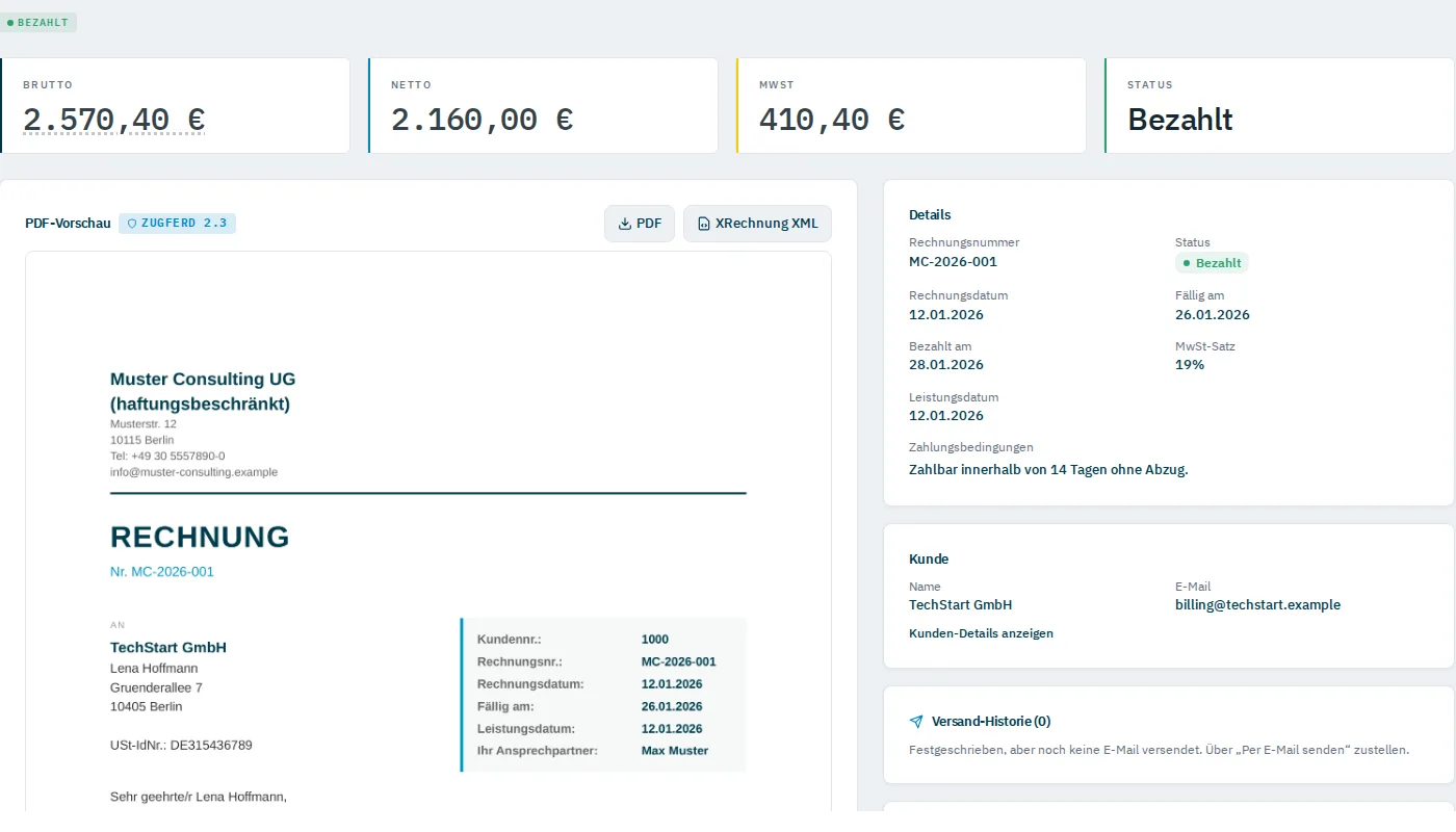 Versandschritt einer E-Rechnung mit Formatwahl in ZepDesk