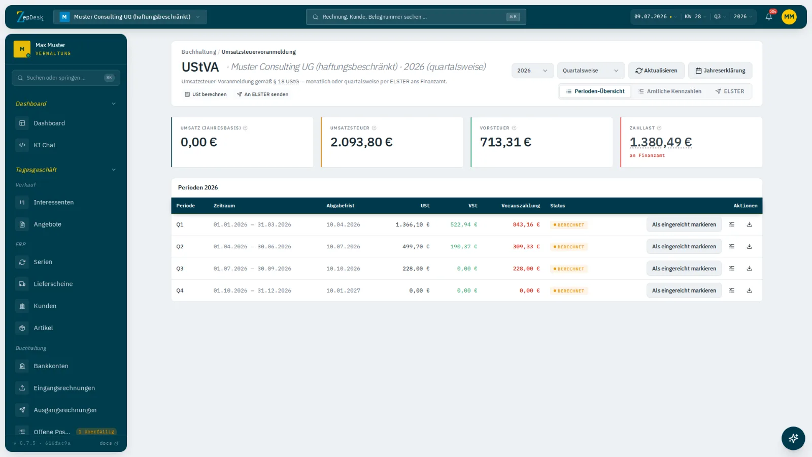 Umsatzsteuervoranmeldung mit amtlichen Kennzahlen und ELSTER-Versand in ZepDesk